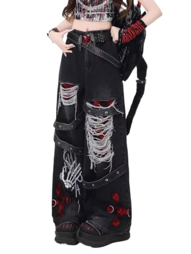 ISOVIL Women's Y2K Distressed Ripped Jeans Black Washed High Waist Wide Leg Baggy Denim Pants Gothic Punk Streetwear (US, Alpha, Small, Regular, Regular, Black)