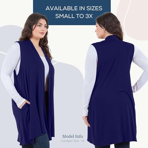 Image of Azules Sleeveless Long Cardigan for Women with Pockets - Lightweight Open Front, Flowy Dressy Layer for Work or Casual Wear