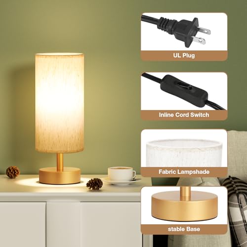Image of Table Lamps Set of 2 (Cream Shade- Gold Base, 11.6 inch Inline Control) | Bulb not Included | Small Lamps for Bedroom | Desk Lamp for Reading | for Living Room | for Dorm | Linen Fabric Shade