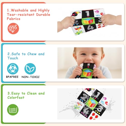 Image of SNOWIE SOFT 3Pcs Tummy Time Toys for Babies, Colored Baby Toys for 6 to 12 Months with 9-Grid Double-Sided Cartoon Printed Crinkle Fabric Handkerchief for Visual Sensory Development, Washable