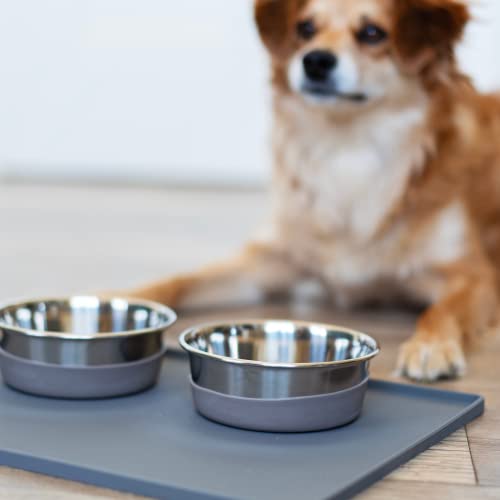Messy Mutts Silicone Non-Slip Dog Bowl Mat With Raised Edge And Two Sides Reinforced With Metal Rods | Dog/Cat Bowl Mat With Spill-Proof Lip | Large, 24” X 16” | Dark Grey #TOP6