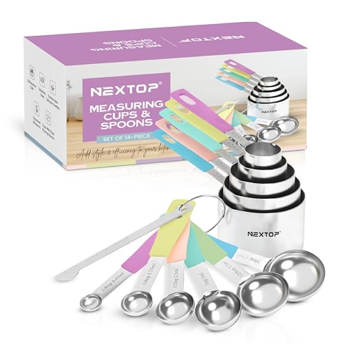 Nextop 14-Piece Stainless Steel Measuring Cups and Measuring Spoons Set with All Stackable Sizes and Leveler for Dry Ingredients, Complete Set for Kitchen & Baking Measuring Tools (Purple Set)