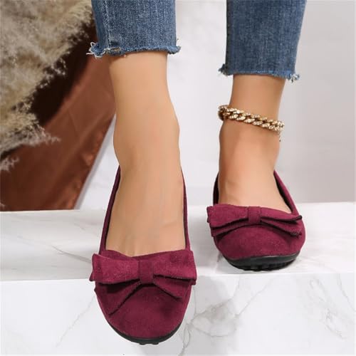 Women's Bow Flat Casual Suede Shoes Classy Round Toe Mary Jane Ballet Flats Soft Bow Dressy Shoes Arch Support Slip On2