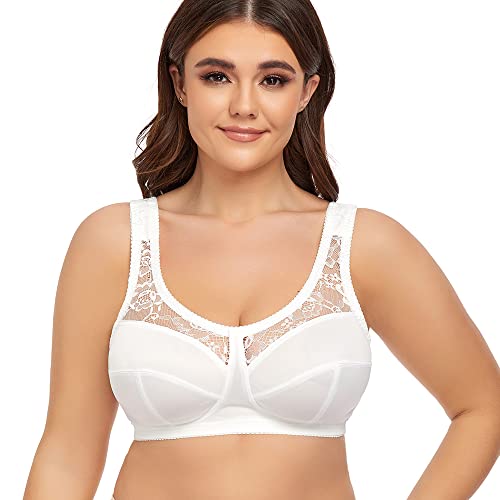 Womens Plus Size Unpadded Bra Full Coverage Wirefree Minimizer Lace Bras 48H White