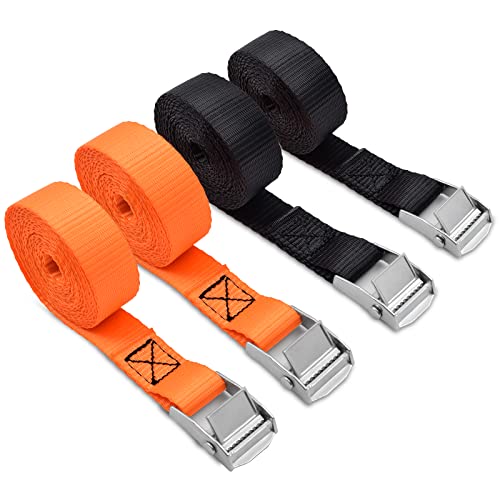 Acelane Lashing Straps 10' x 1'' Cam Buckle Tie Down Straps Heavy Duty Up to 800lbs for Cargo, Luggage, Bicycles, Motorcycles, Kayaks, Surfboards, Furniture & Moving Appliances (4PCS, Black & Orange)