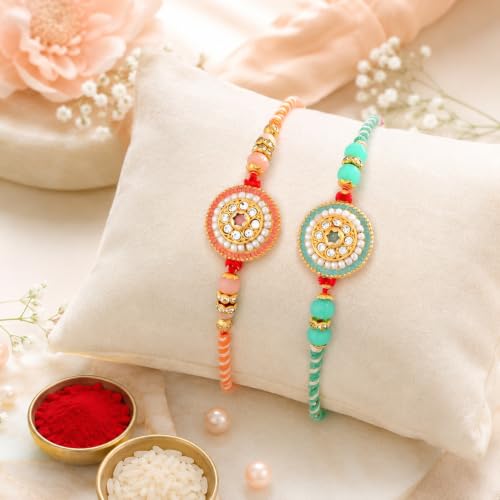 Image of CraftVatika Kundan Rakhi Set for Brother Set of 2, Designer Peacock Rakhi for Brother Boy Men, Premium Kalash Raki for Bhaiya, Traditional Rakshabandhan Rakhis with Best Wishes Card and Tillak Set