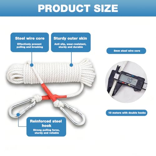 Image of HASTHIP 10m Clothes Drying Rope - Heavy Duty Polyester Cloth Rope for Drying Clothes with Hook 10mm Steel Core Clotheslines Wire Cloth Dry Ropes Wire, White
