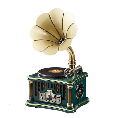Axazcs Reproductor de CD de fonógrafo Retro, Reproductor de Escritorio Bluetooth con Altavoz Doble, Carga USB, Bluetooth y FM, Estilo clásico para Amante de la música Vintage