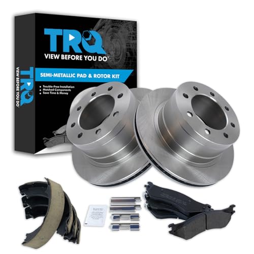 Image of TRQ Rear Brake Pad & Rotor Kit Parking Brake Shoe Set Semi-Metallic Compatible with 2003-2005 Dodge Ram 2500 Ram 3500
