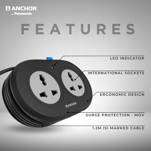 Image of Anchor by Panasonic 2 Universal Socket Extension Board, 6A Spike Guard with 1.2-Meter Heavy Duty Cord for Home and Office Usage, 2 Way Power Strip with LED Indicator, Matt Finish