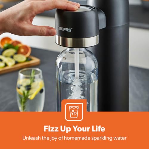 GEEPAS Sparkling Water Maker with 900ml Bottle | Soda Maker, Soda Machine for Fizzy Drinks Machine Home Carbonator, Quick Connect Co2 Gas Bottle (Not Included) | Black