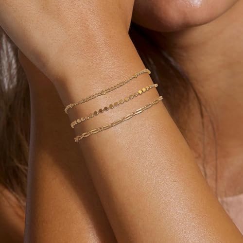 14K Gold Plated Bracelets Set for Women, Dainty Gold Plated Bracelet Stackable Paperclip Chain, Bracelets Set Thin Small Cute Bead Bracelet Fashion Waterproof Jewelry Gift Gold Accessories for Women(7Pcs)2