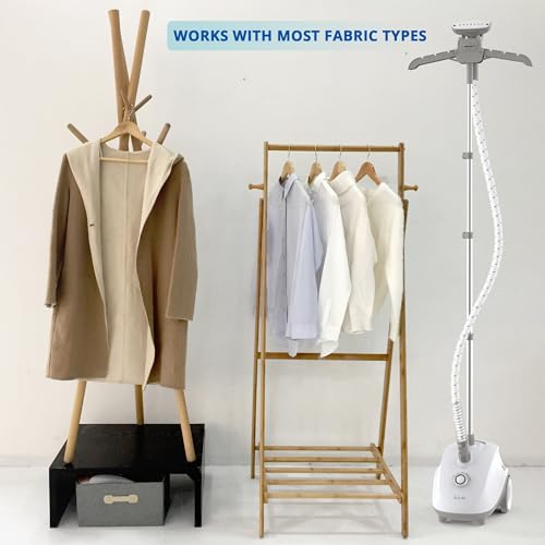 SALAV® Standing Steamer for Clothes, 1500W Powerful Garment Steamer with Roll Wheels, 4 Steam Settings, High Efficiency Stainless Steel Plate, with Limescale Remover Descaler Packets
