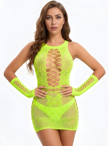 Image of Xs and Os Women's Net Solid Above Knee Babydoll Bodysuit Lingerie