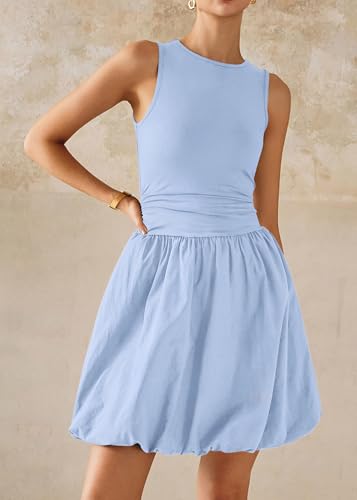 Image of KIRUNDO Summer Dresses for Women 2026 Cute Mini Sleeveless Bubble Dress | Stretchy Ruched Front Cinched Waist, Woven Balloon Skirt, Crewneck Tank Sundress With Pockets, Casual Party Vacation Outfits