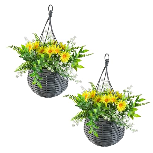 GOVIRAYE Artificial Hanging Flower Basket Set of 2 Faux Sunflower Hanging Plants with Pot Realistic Outdoor & Indoor Hanging Basket for Garden Balcony Porch & Home Decor