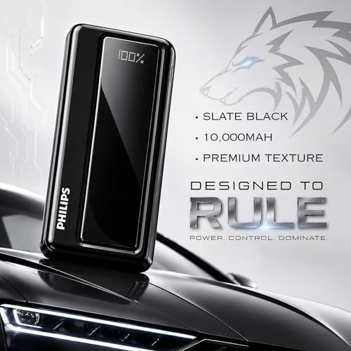 Image of Philips 10000mAh 22.5W Fast Charging Power Bank (Slate Black) with Digital LED Display | Type-C & USB-A Input /Output | 3 Output Ports | Lithium Polymer Battery | Portable for Mobile, Tablet & Earbuds