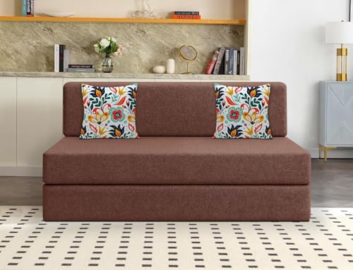 Image of Los Angeles Foldable Two Seater Sofa Cum Bed, Sofa Bed 4 X 6 Feet Jute Fabric Washable Cover- Including Cushion Perfect for Living Room & Office, Guest Room - Brown Color