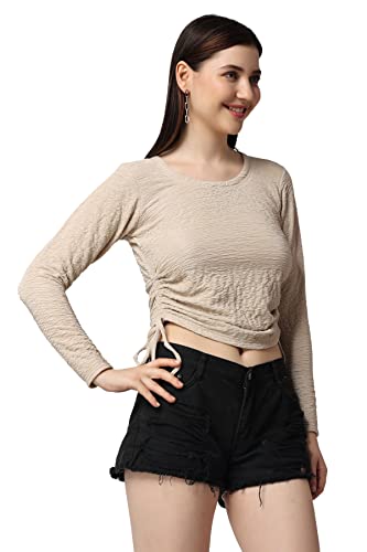Image of POPWINGS Casual Self Design Regular Fit Polyester Full Sleeves Crop Tops for Women with Crush String