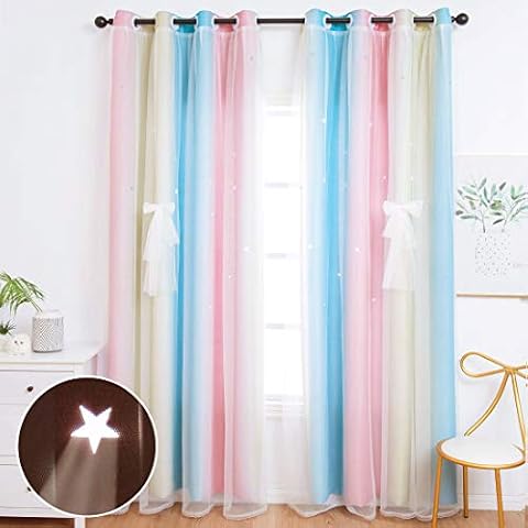 UNISTAR 2 Panels Blackout Stars Curtains for Kids Girls Bedroom Aesthetic Living Room Decor Colorful Double Layer Star Cut Out Stripe Pink Rainbow Window Wall Home Decoration Curtain W52 x L84 Inches Cover