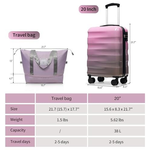 20" Carry On Luggage with Cup Holder, Suitcases with Wheels, 2 Piece Set Carryon Suitcase, ABS+PC Material, TSA Lock, Back To School Suitcase, Women Men (Pink and Gray)2