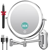 Auxmir Kosmetikspiegel mit Beleuchtung, 1X/30X Wiederaufladbar Schminkspiegel, 3200mAh Rasierspiegel Wandmontage, Dimmbar Vergrößerungsspiegel mit 3 Lichtfarben, 360° Drehbar für Badezimmer