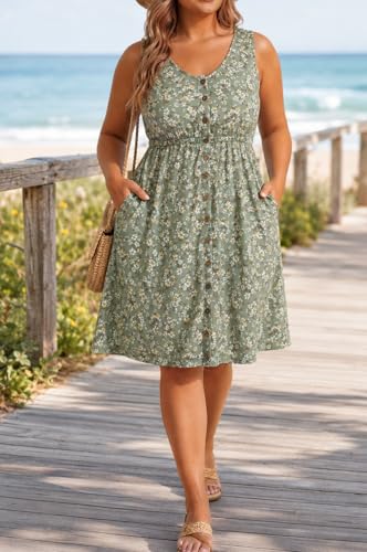 Image of Holipick Women's Plus Size Summer Dresses for Women Casual Dress with Pockets A-Line Swing Button Down Sleeveless V Neck