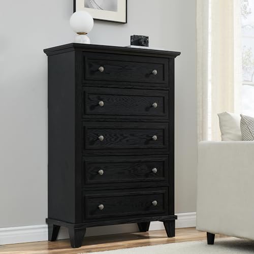Dresser for Bedroom with 5 Drawers, 48' Tall Black Chests of Drawers with Storage, Large Drawer Farmhouse Dresser for Closet, Wooden Storage Organizer Dresser for Entryway