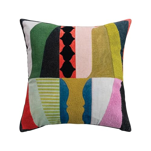 Bloomingville, Multicolor Cotton Velvet Printed Pillow with Abstract Design, Embroidery, Tufting and Striped Back, 18' Square
