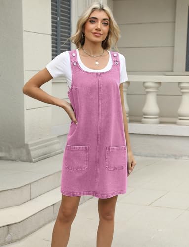 Image of Xaspee Denim Overall Dress for Women Casual Mini Sleeveless Jean Vintage Jumper Skirt Dress with Pockets