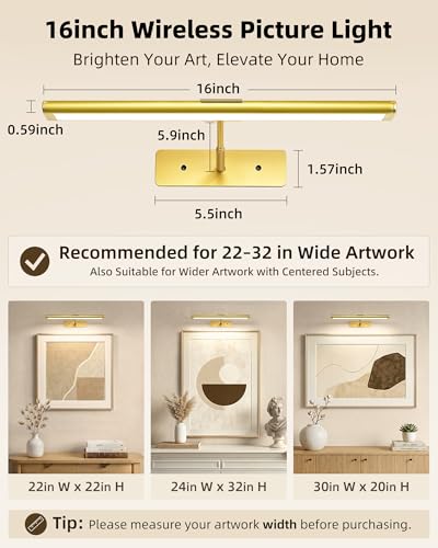 EZVALO Picture Light for Wall, 4800mAh Rechargeable Wireless Remote, 16‘’ Dimmable Magnetic LED Art Display Light with 3 Color Temperatures, for Gallery, Living Room, Bedroom, Hallway (Gold)