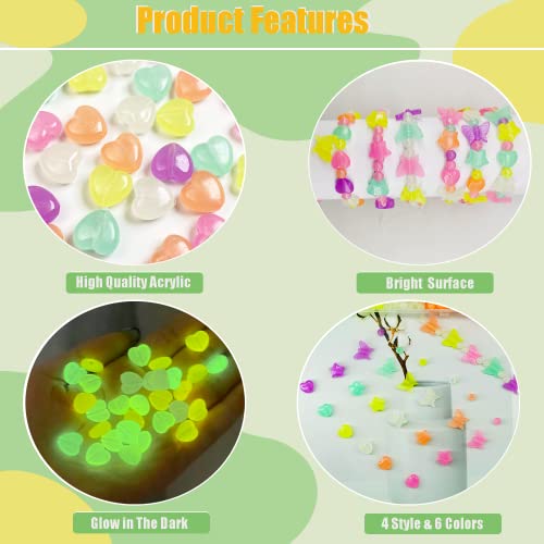888Pcs Glow in The Dark Beads Star Beards Butterfly Beads Heart Beads UV Beads Color Changing Sun Sensitive Luminous Beads Plastic Beads Fun Cute Solar Beads Bulk for Bracelet Necklace Jewelry Making