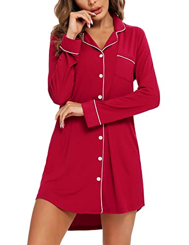 Image of Samring Nightgown for Women Long Sleeve Button Down Night Gown Boyfriend Nightdress Sleep Shirts