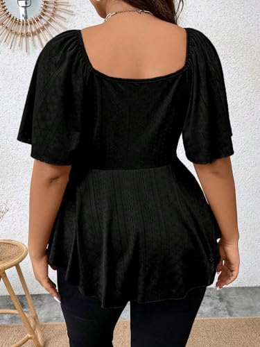 OYOANGLE Women's Plus Size Twist Front Short Sleeve Sweetheart Neck Asymmetrical Hem Blouses Solid Peplum Tops2
