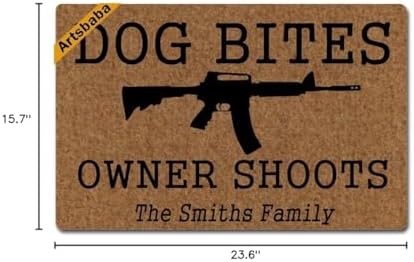 Doormat Dog Bites Guns Owner Shoots Door Mat Monogram Non-Slip Doormat Non-Woven Fabric Floor Mat Indoor Entrance Rug Decor Mat 23.6 x 15.7 Inches