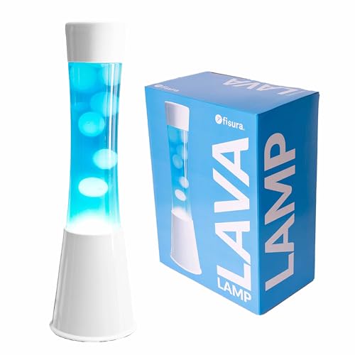 Fisura - Lámpara de lava blanca y azul años 70. Base color blanco, líquido azul y lava blanca. Lámpara efecto relajante. Medidas: 11 cm x 11cm x 39,5 cm.
