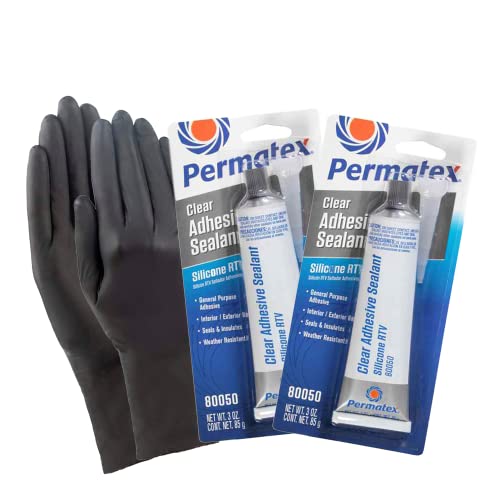 Permatex 80050 Clear RTV Silicone Adhesive Sealant 3 OZ (2PK) with DIINGO Pair Nitrile Gloves (4 Items)
