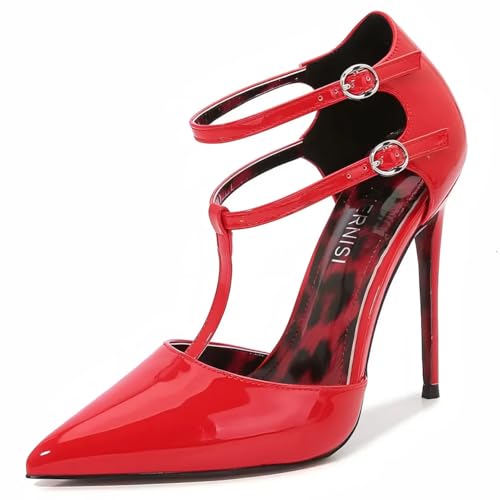Escarpins Rouges À Brides Doubles T-Bar, Bout Pointu – Talons Hauts Aiguilles Stiletto 13 cm, Chaussures De Soirée (Rouge Vif, 45)