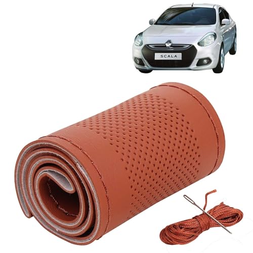 Image of KINGSWAY PU Leatherite Car Steering Cover Sewable Compatible with Renault Scala (Year 2011-2018), Tan Color with Tan Thread, Pack of 1 with Sewing Needle and Thread