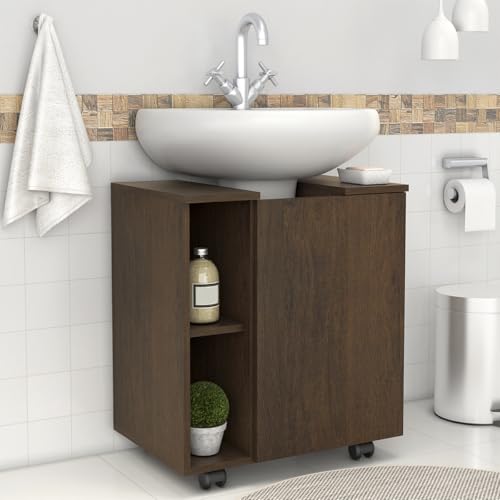 Opiniones de Lavabos de pedestal para comprar online. 48 MOBI Mueble de Baño Limay – 1 Puerta 3 Entrepaños Color Tabaco - Largo 55cm x Alto 63cm – Incluye Ruedas.