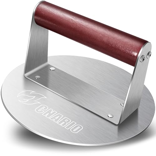 CNARIO Smash Presse à hamburger en acier inoxydable 16 cm, avec poignée en bois, résistante à la chaleur et anti-adhésive, presse professionnelle pour...