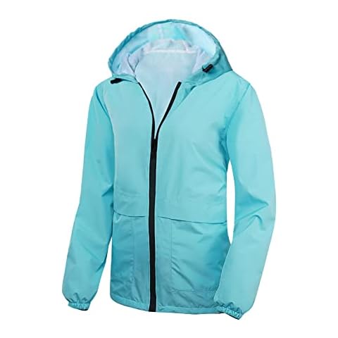 Lightweight Rain Jacket Women Waterproof Raincoat Hooded Windbreaker with Pocket, Light Blue, Large Cover