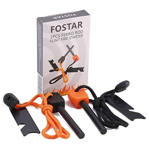 FOSTAR Ferrocerium Alloy Rod Fire Starter, 5/16 Inch Thick Waterproof Fire Steel, Bushcraft Ferro Rod with Easy Grip Handle, Multi-Tool Striker and Paracord Lanyard (2PCS, Black and Orange) Cover