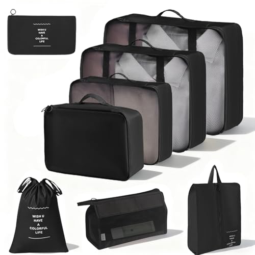 AWBEOT Organizador Maleta 8 en 1 Set Organizador de Equipaje Bolsas Organizadoras Viaje Packing Cubes Bolsa de Embalaje, Zapato, Ropa, Cosméticos, Negro