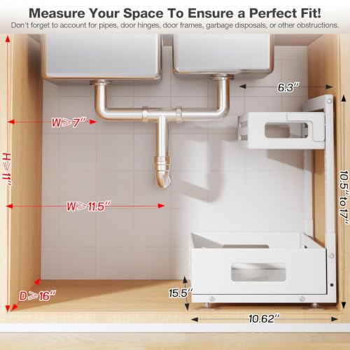Image of 1 Pack Under Sink Organizer,Pull Out Cabinet Organizer With Smooth Cylindrical Rail,Metal Slide Out Drawer for Kitchen Bathroom Laundry Cabinet,8-Level Tool Free Height Adjustable-White