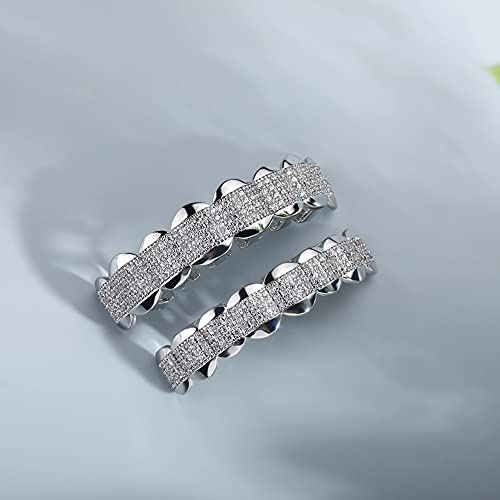 Jinao Hip Hop 4 Rows 8 Top Teeth 3 Rows 8 Bottom Tooth Grillz 14K Gold Plated Iced Out Cubic Zirconia Diamond Mouth Grills For Men And Women(White Gold) #TOP3