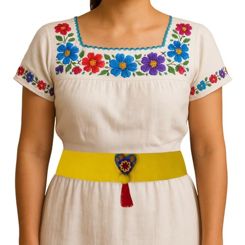 Traditional Mexican Embroidered Heart Belt with Tassel, YELLOW belt WITH hand made heart with Floral Design and red pompom