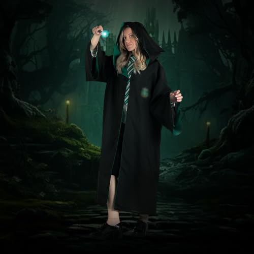 Image of PATPAT Harry Costume Cloak Cosplay Robe for Women Men, House of Slytherrin Outfit Set with Tie, Wand & Round Glasses, Magic Wizards Halloween Costume for Teens Adults, Compatible with Size M