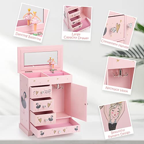 Efubaby Large Jewelry Box For Girls 5 Layer Musical Box With Swing Door Spinning Ballerina, Unicorn Jewelry Set Included Jewelry Box Organizer For Girls Kids Jewelry Box Birthday Valentine Gift Pink #TOP1