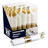 Pre Rolled Plastic Silverware Sets for Parties (25 Pack) Gold Cutlery Set, Disposable Spoons, Forks, Knives, Napkins Prewrapped, Heavy Duty Utensils Individually Wrapped for Wedding, Thanksgiving